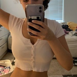 white and pink striped button up cropped top!